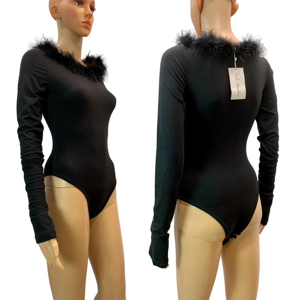 NEW Nadia Aboulhosn Black Bodysuit Marabou Trim | S